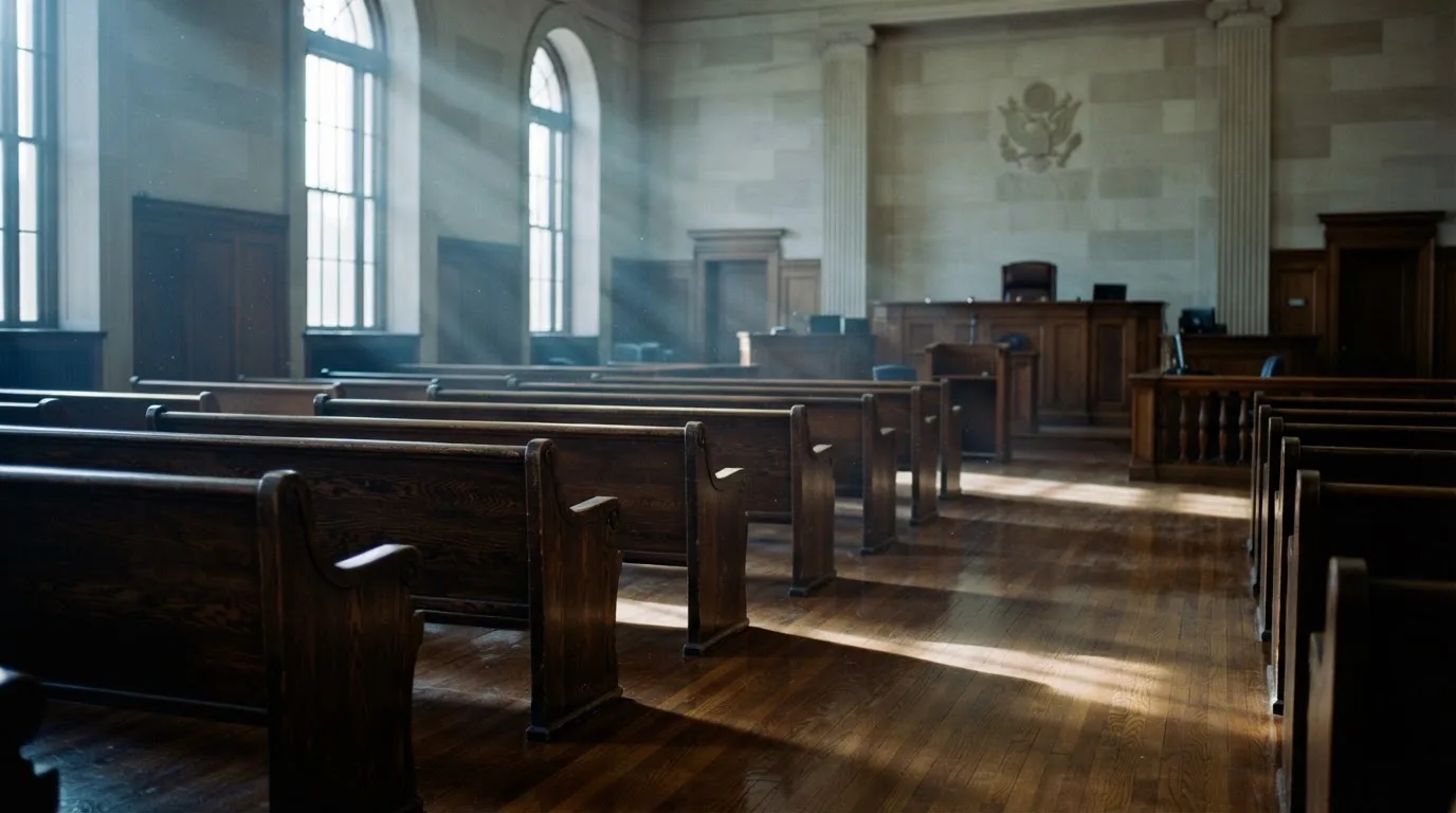 An empty courtroom with wooden benches in morning light