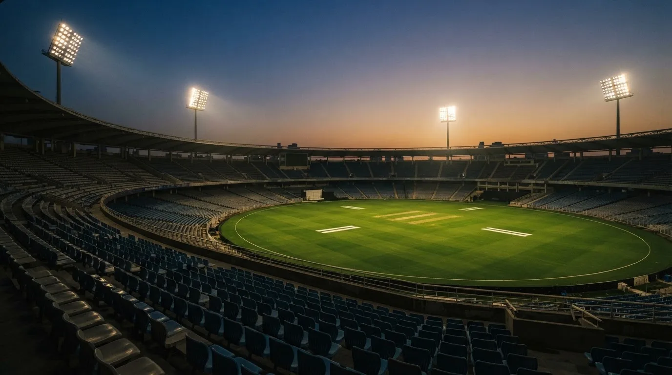 An empty football stadium with floodlight masts at dusk