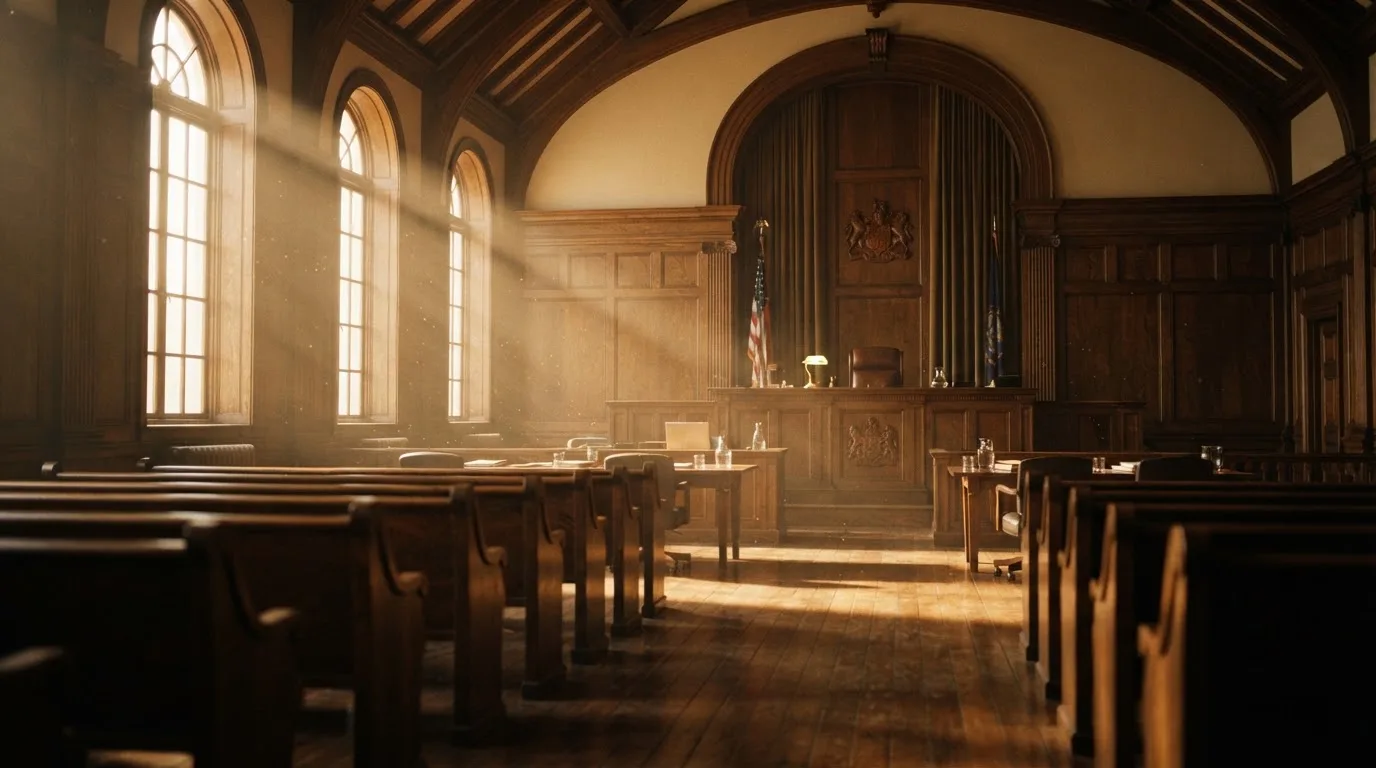 An empty courtroom with wooden benches in morning light