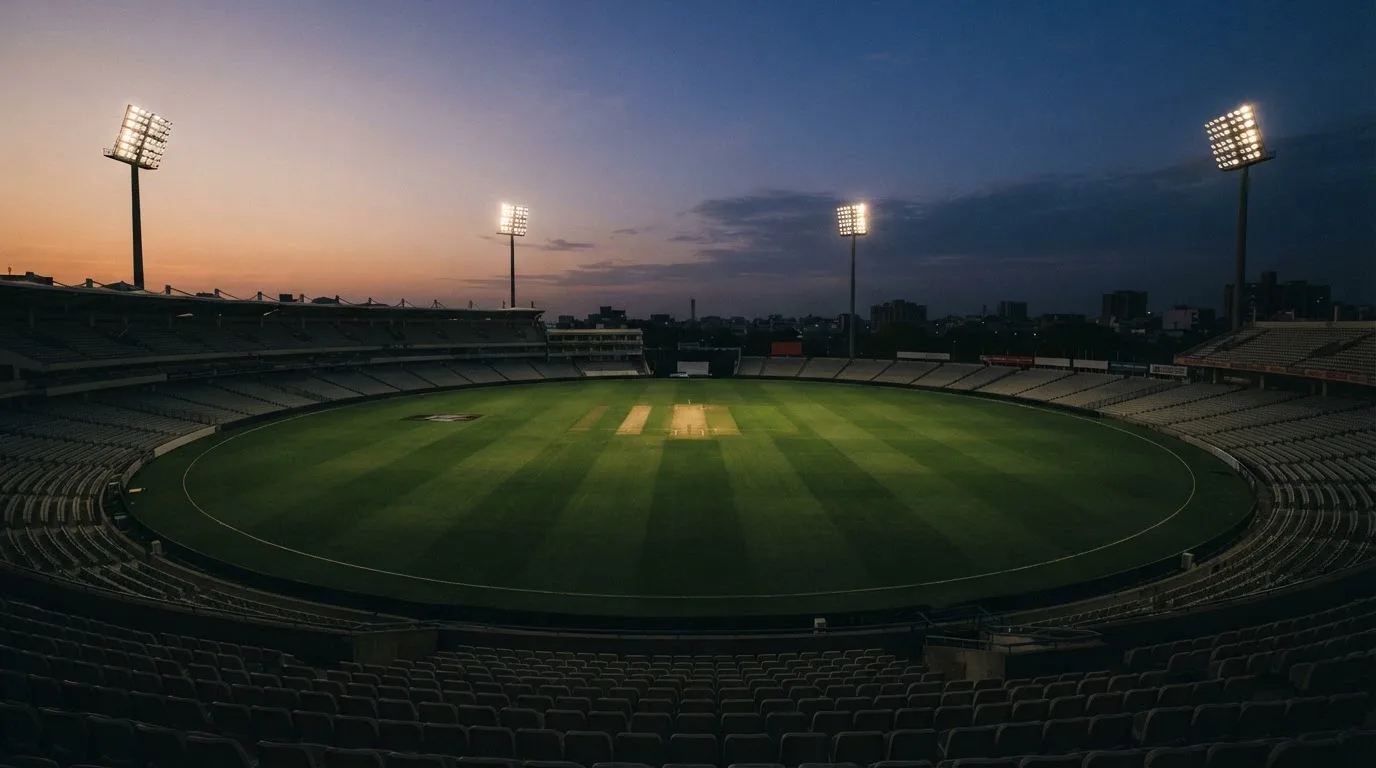 An empty football stadium with floodlight masts at dusk
