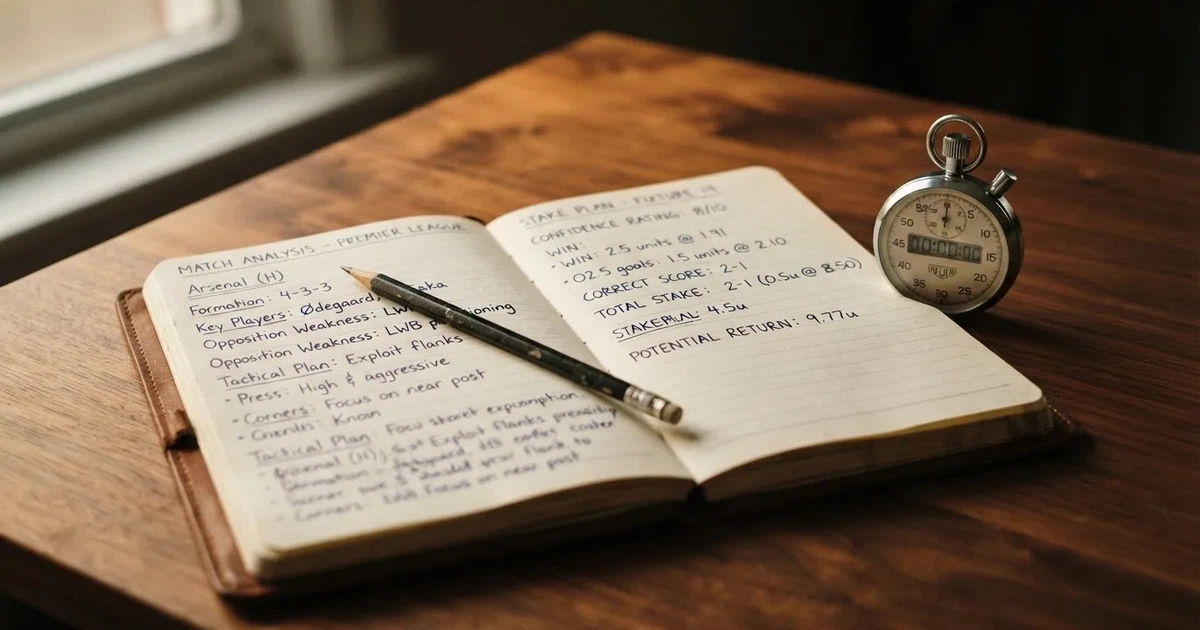 An open notebook with a pencil and a stopwatch on a wooden table