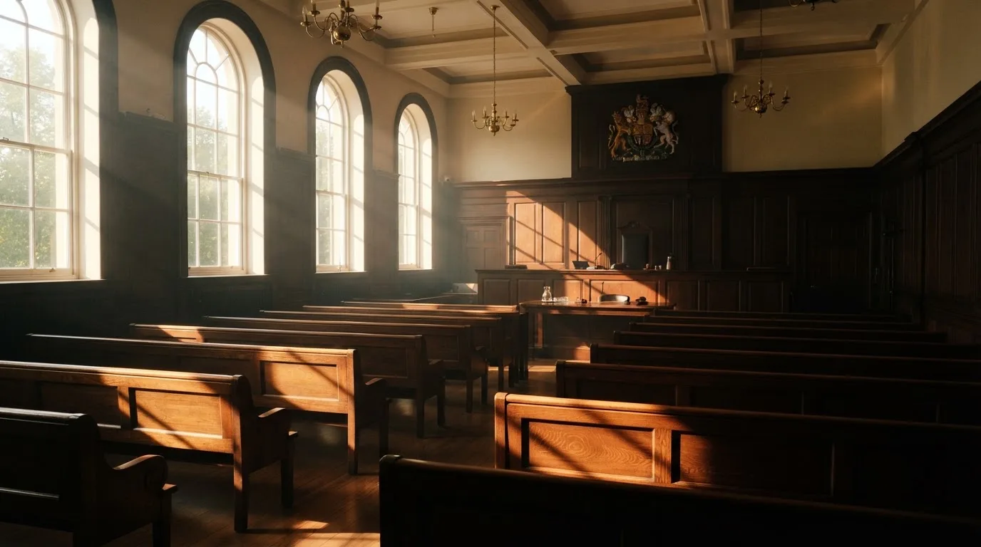 An empty courtroom with wooden benches in morning light