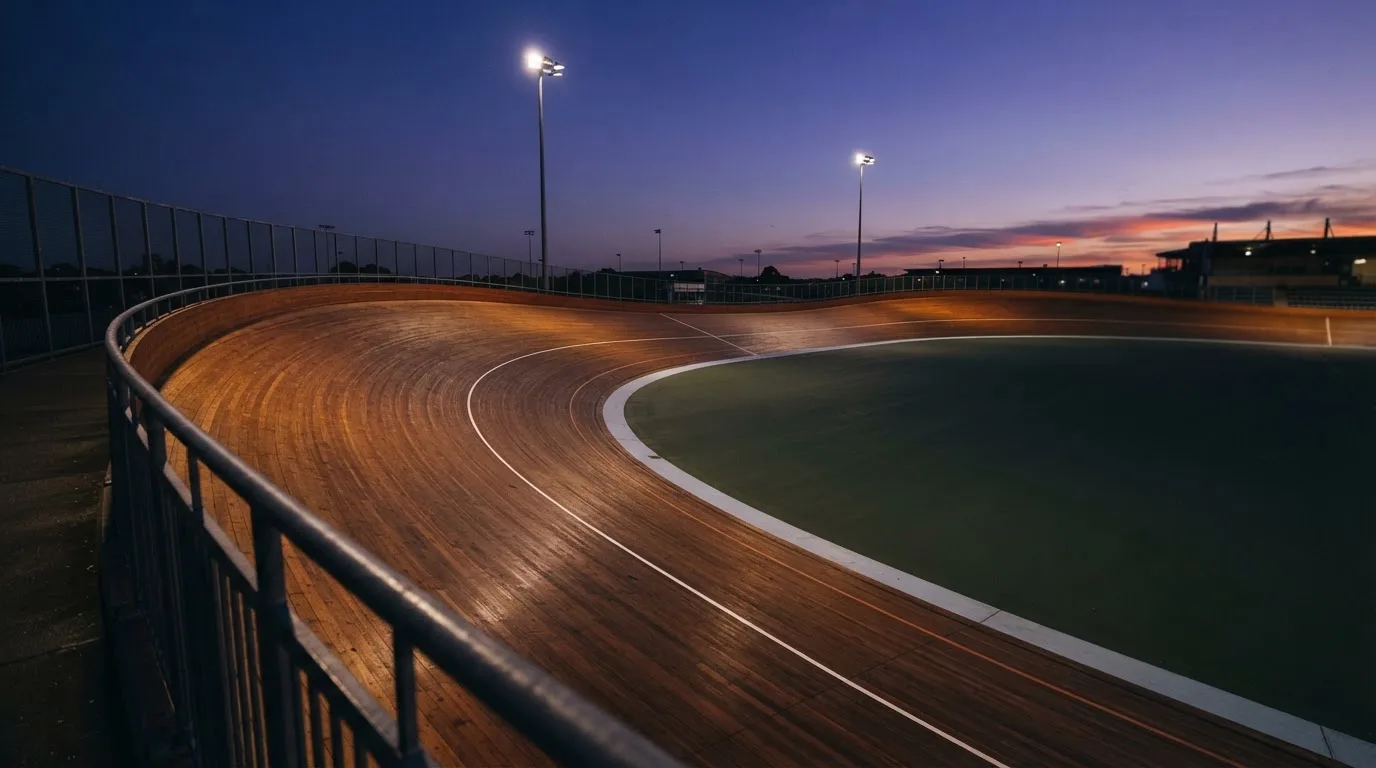 An empty football stadium with floodlight masts at dusk