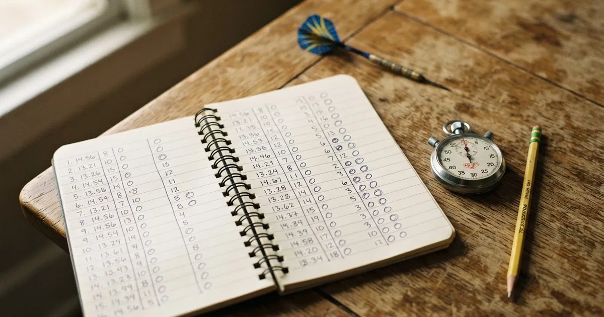An open notebook with a pencil and a stopwatch on a wooden table