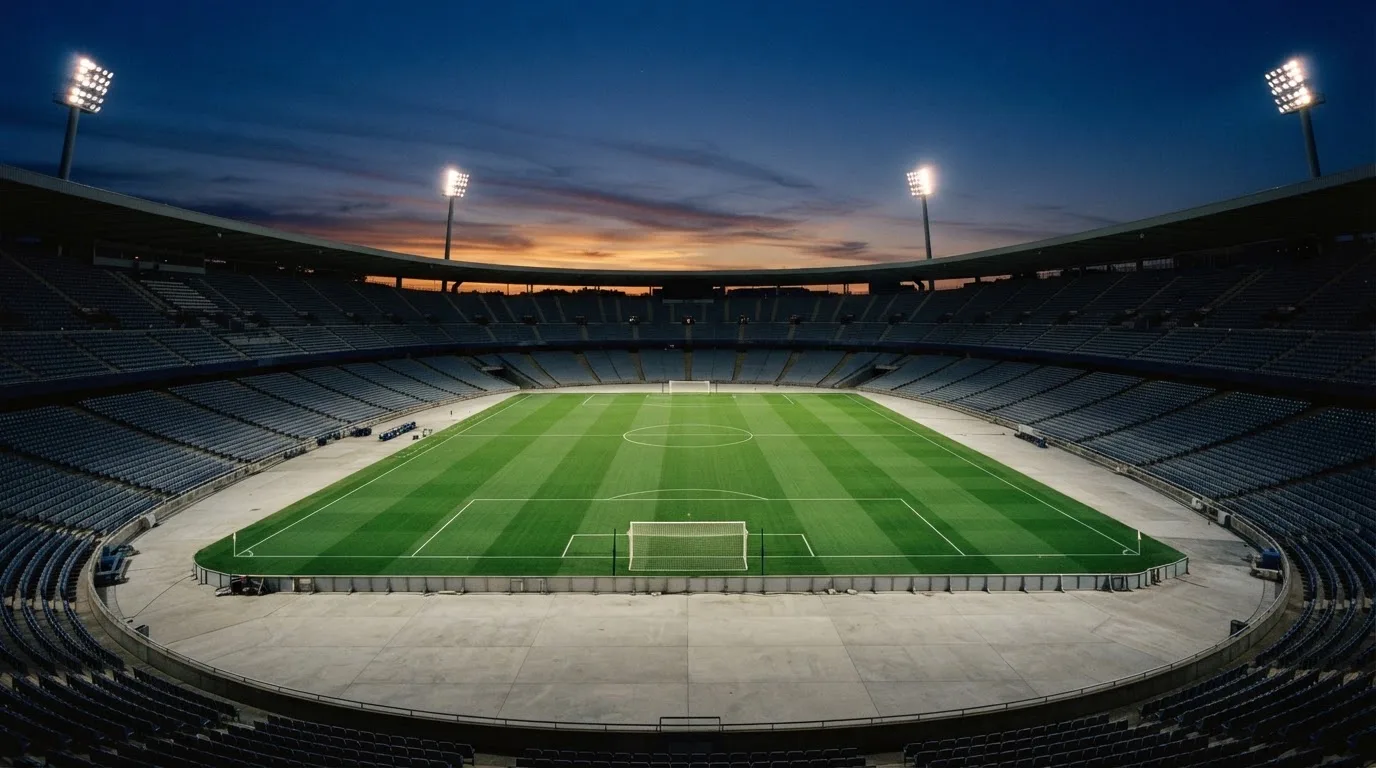 An empty football stadium with floodlight masts at dusk