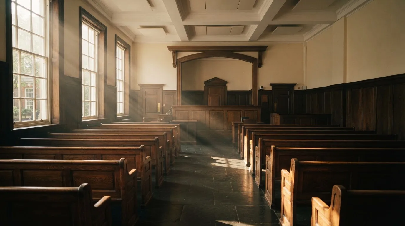 An empty courtroom with wooden benches in morning light