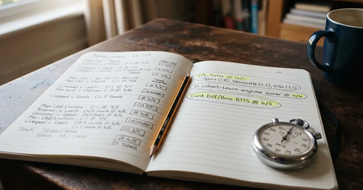 An open notebook with a pencil and a stopwatch on a wooden table