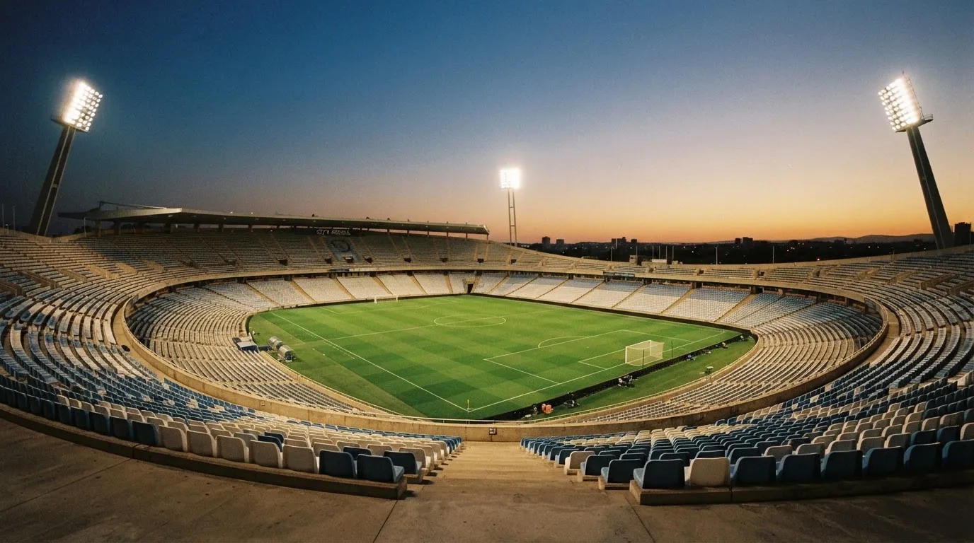 An empty football stadium with floodlight masts at dusk