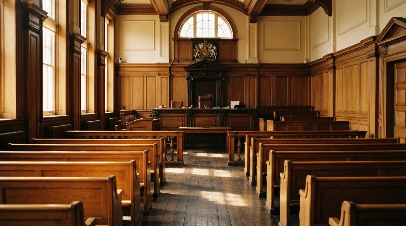 An empty courtroom with wooden benches in morning light