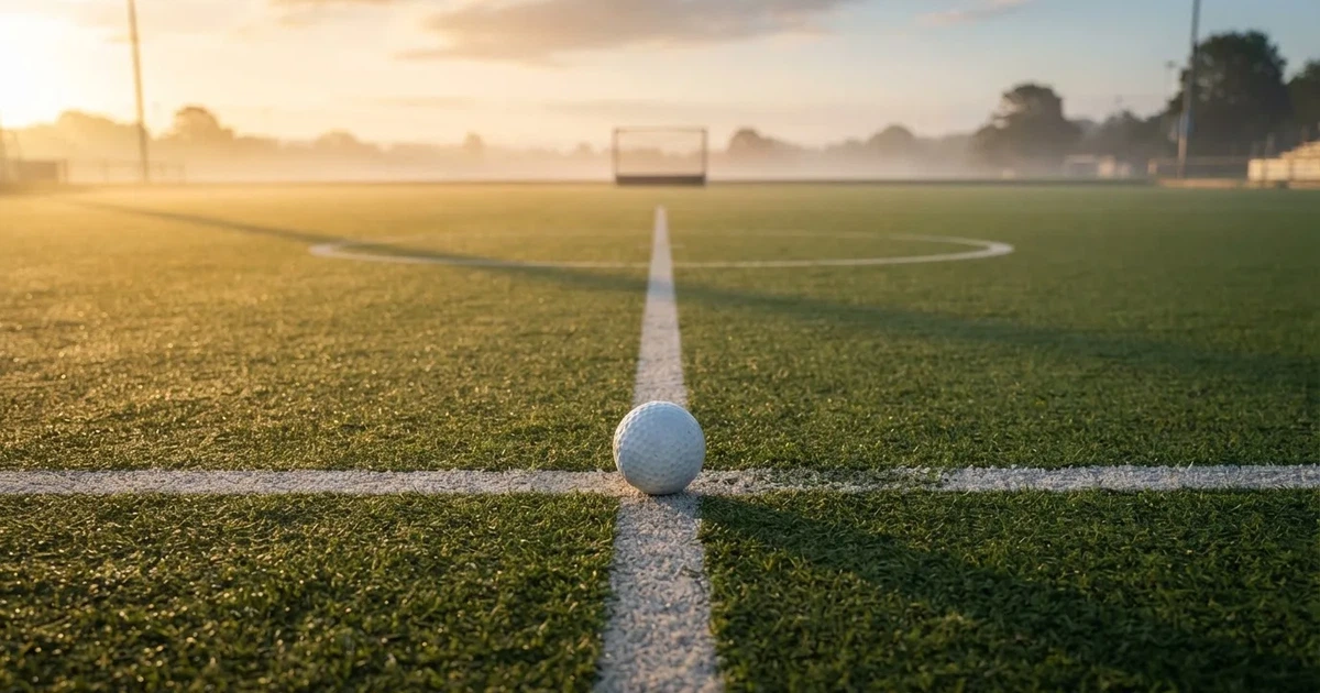 A ball on the centre spot of a grass pitch in morning light
