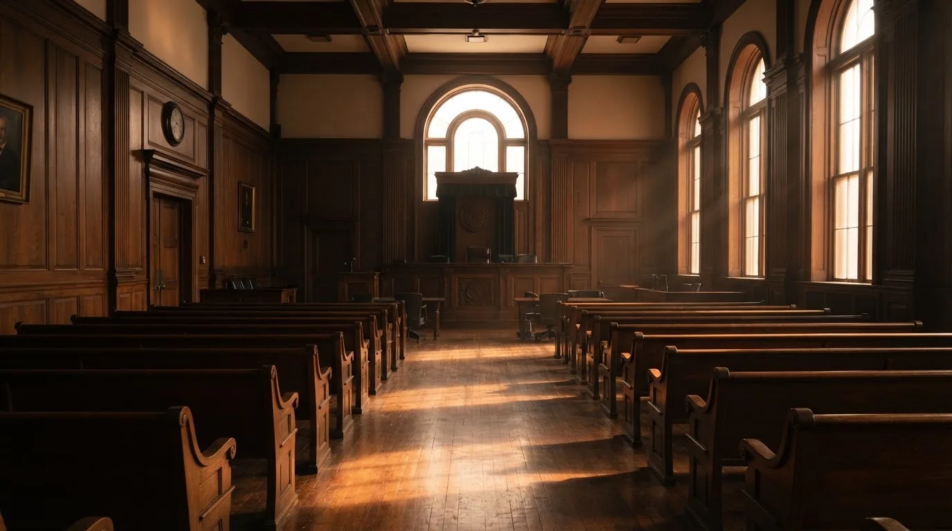 An empty courtroom with wooden benches in morning light