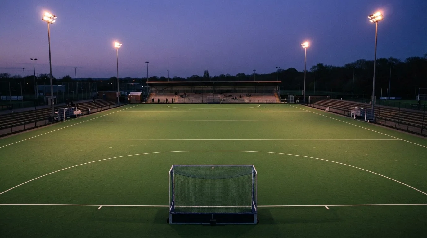 An empty football stadium with floodlight masts at dusk