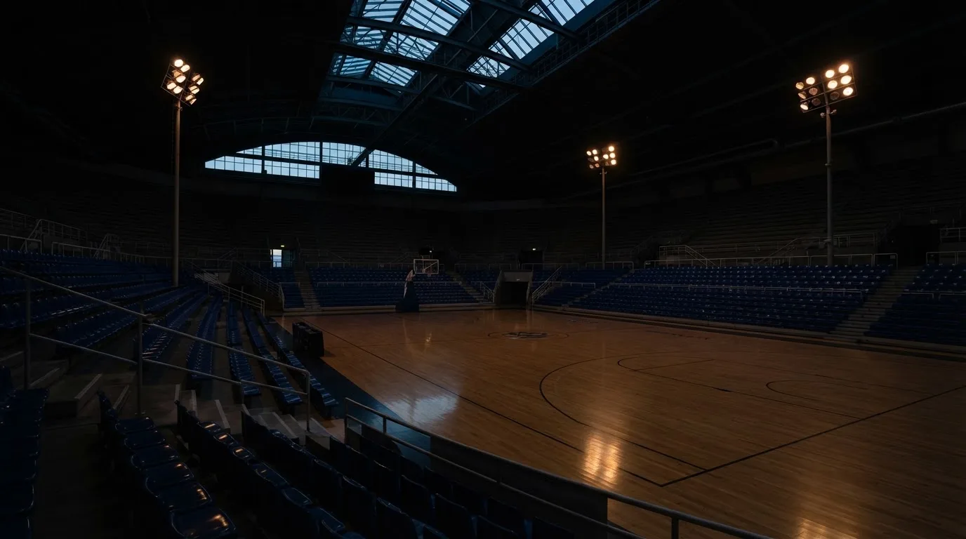 An empty football stadium with floodlight masts at dusk