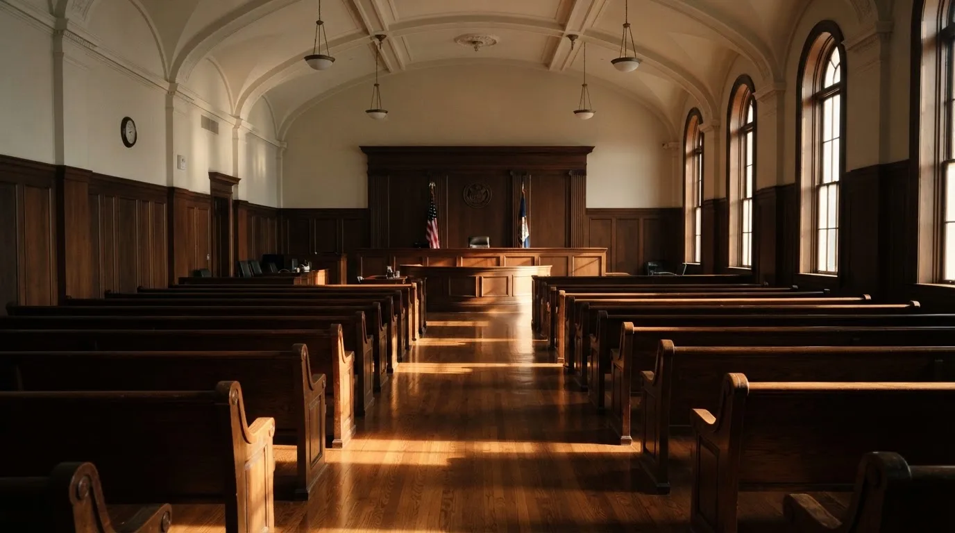 An empty courtroom with wooden benches in morning light