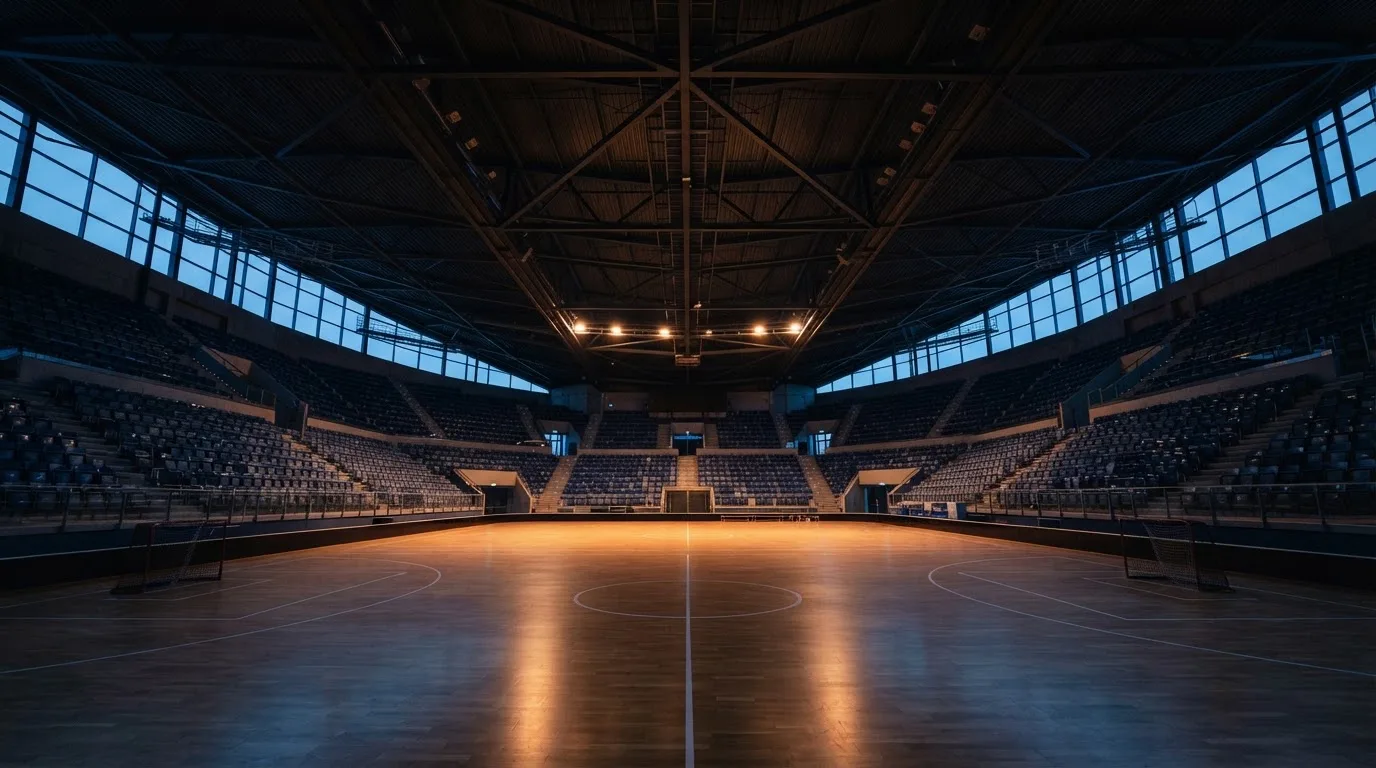 An empty football stadium with floodlight masts at dusk