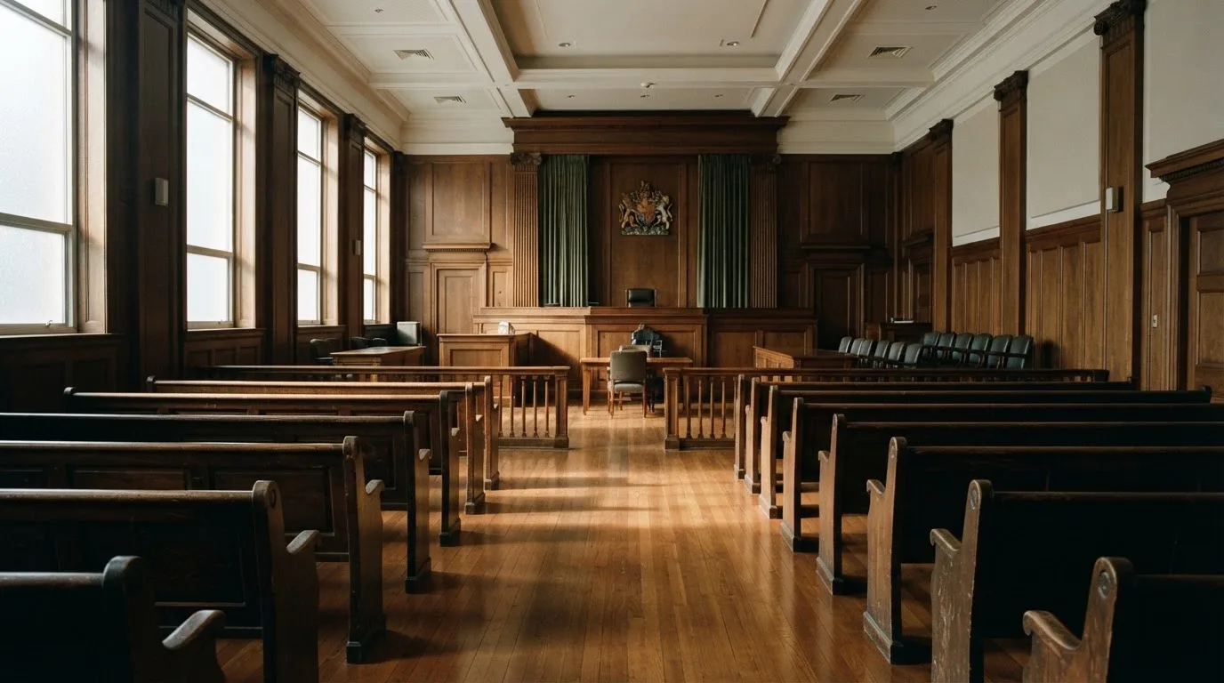 An empty courtroom with wooden benches in morning light