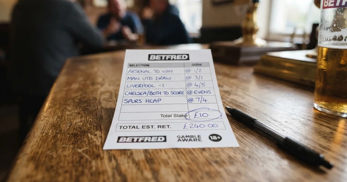 A blank paper betting slip beside a pen on a wooden counter