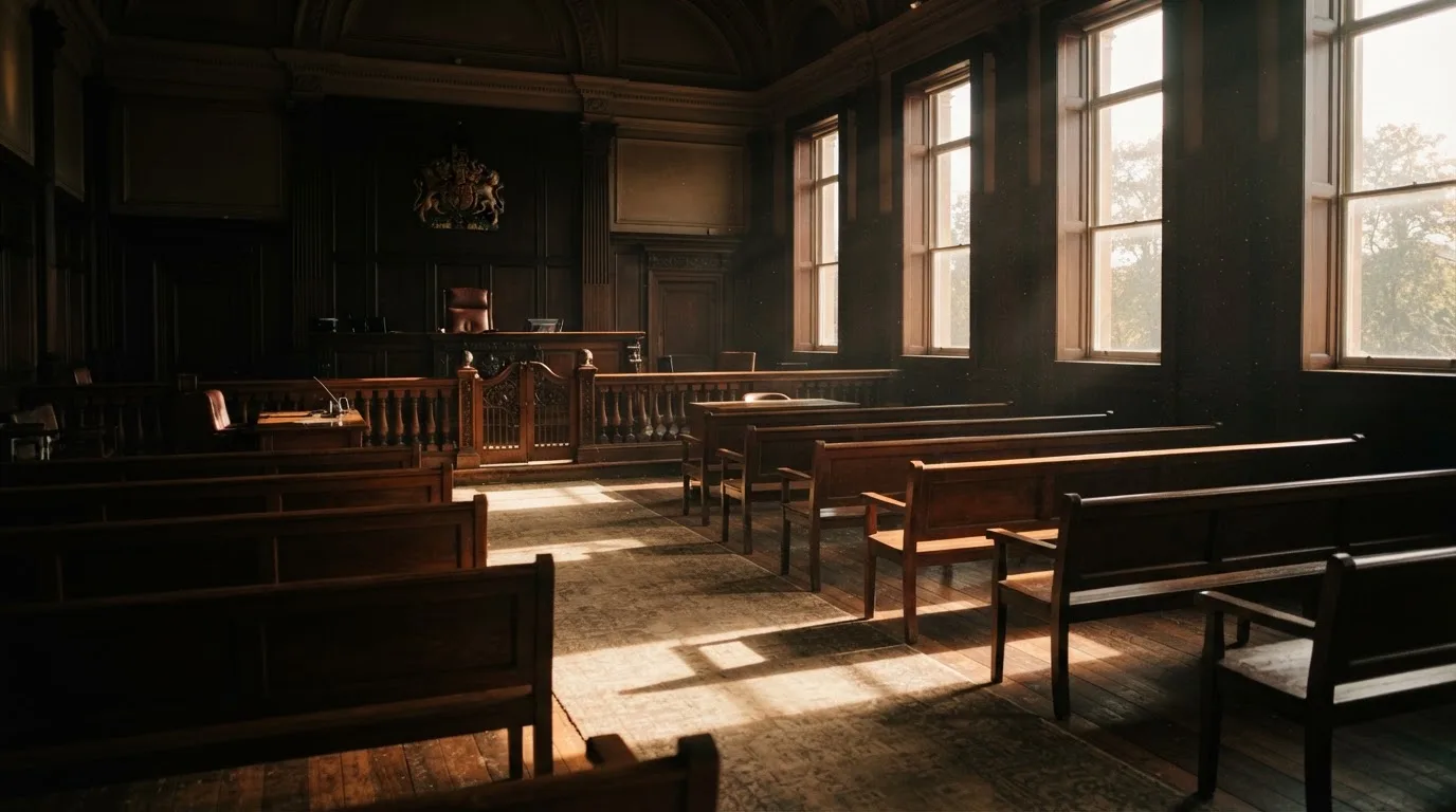 An empty courtroom with wooden benches in morning light