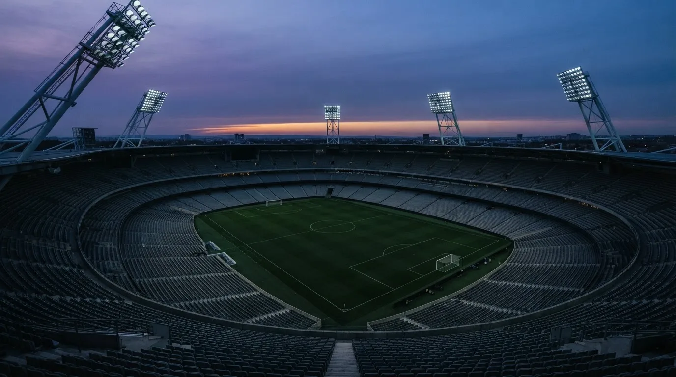 An empty football stadium with floodlight masts at dusk