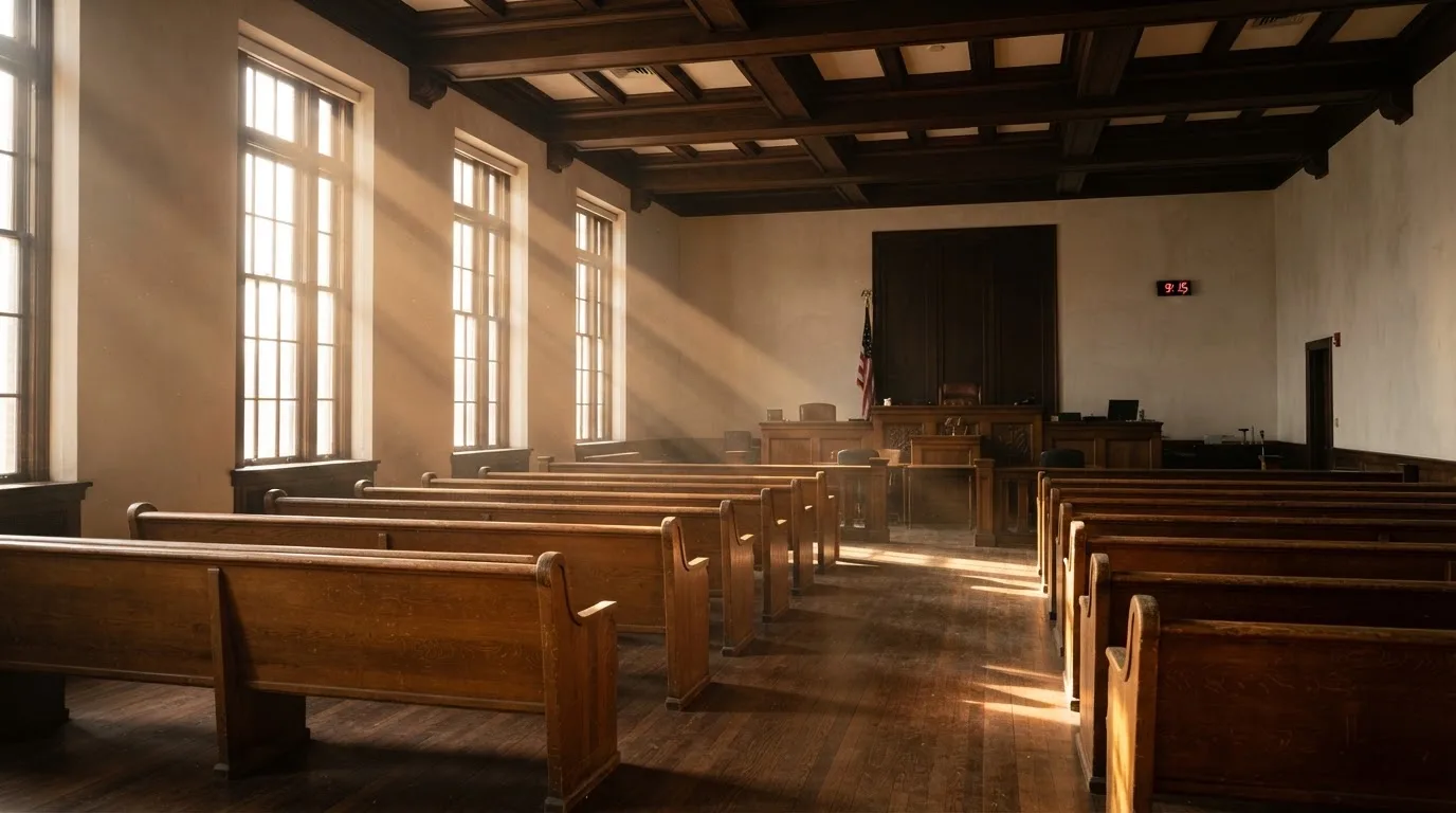 An empty courtroom with wooden benches in morning light