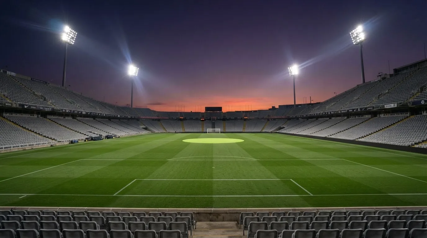 An empty football stadium with floodlight masts at dusk
