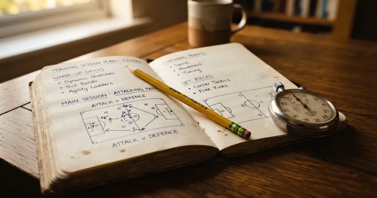 An open notebook with a pencil and a stopwatch on a wooden table