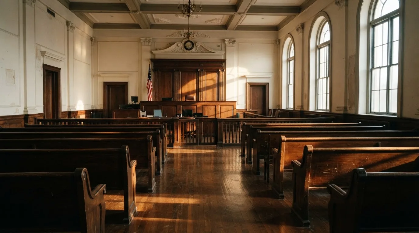 An empty courtroom with wooden benches in morning light