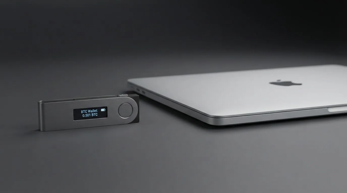 A hardware wallet and a closed laptop on a desk in dim light