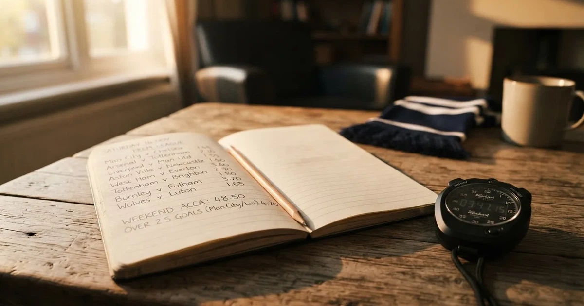 An open notebook with a pencil and a stopwatch on a wooden table