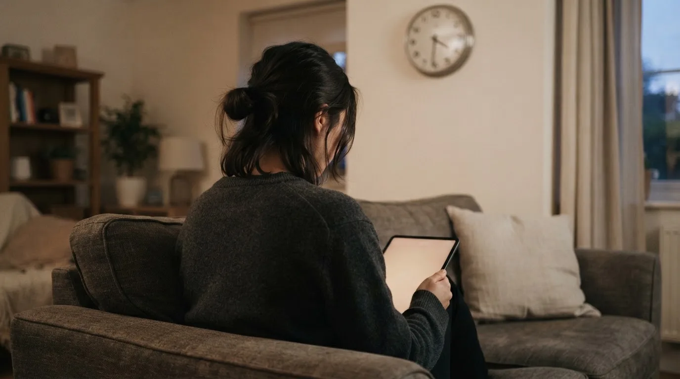 A person on a sofa looking thoughtfully at a tablet, a wall clock in the background