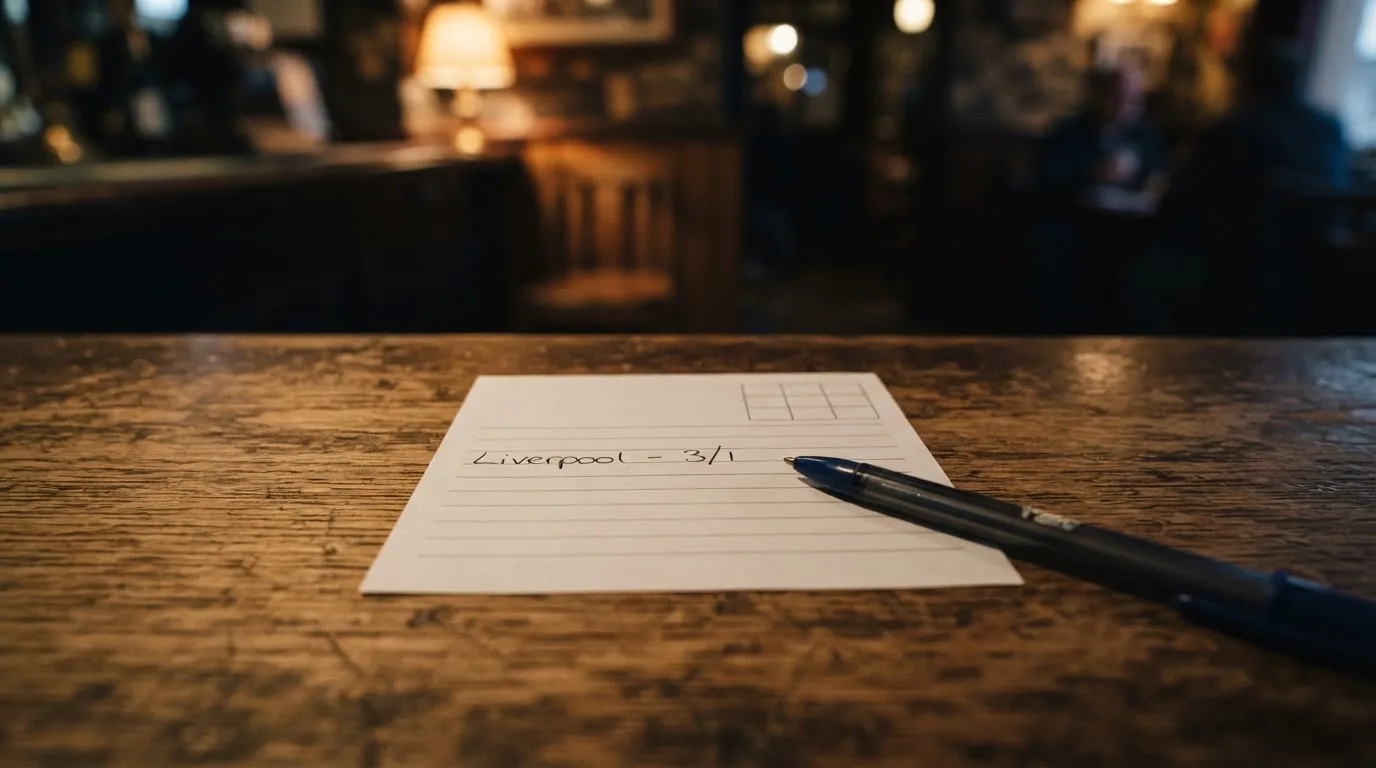 A blank paper betting slip beside a pen on a wooden counter