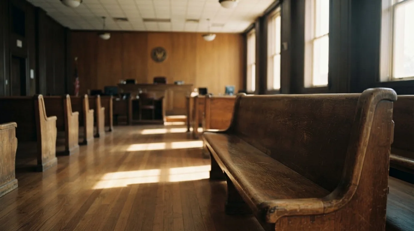 An empty courtroom with wooden benches in morning light