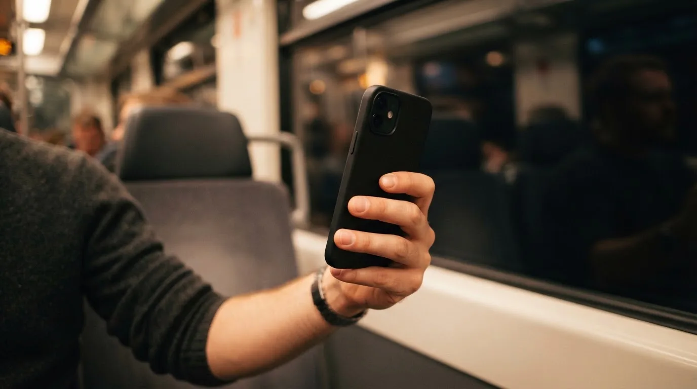 A hand holding a smartphone on a train in the evening, screen turned away