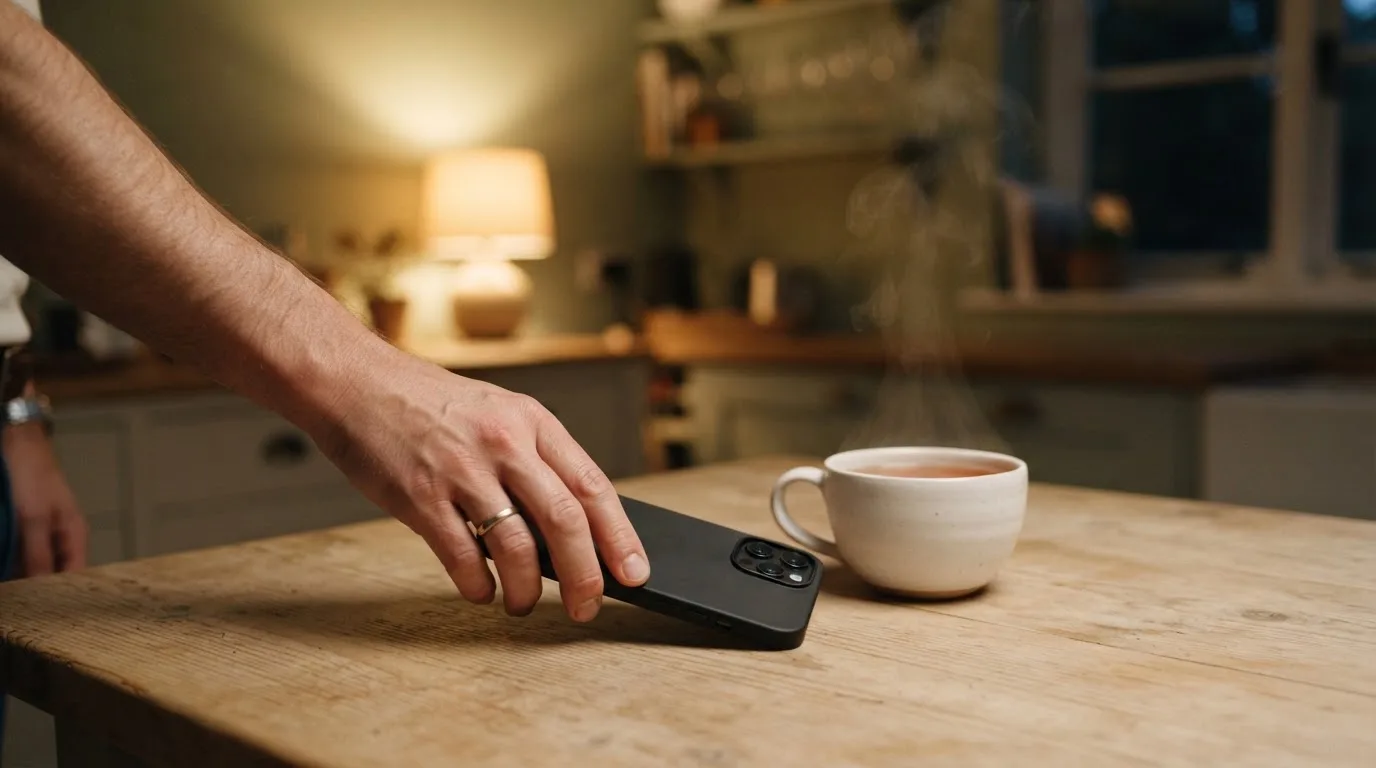 A hand setting a smartphone down beside a cup of tea on a kitchen table on a quiet evening