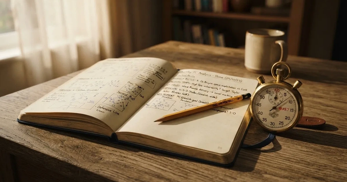 An open notebook with a pencil and a stopwatch on a wooden table