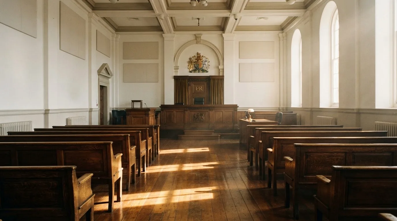 An empty courtroom with wooden benches in morning light