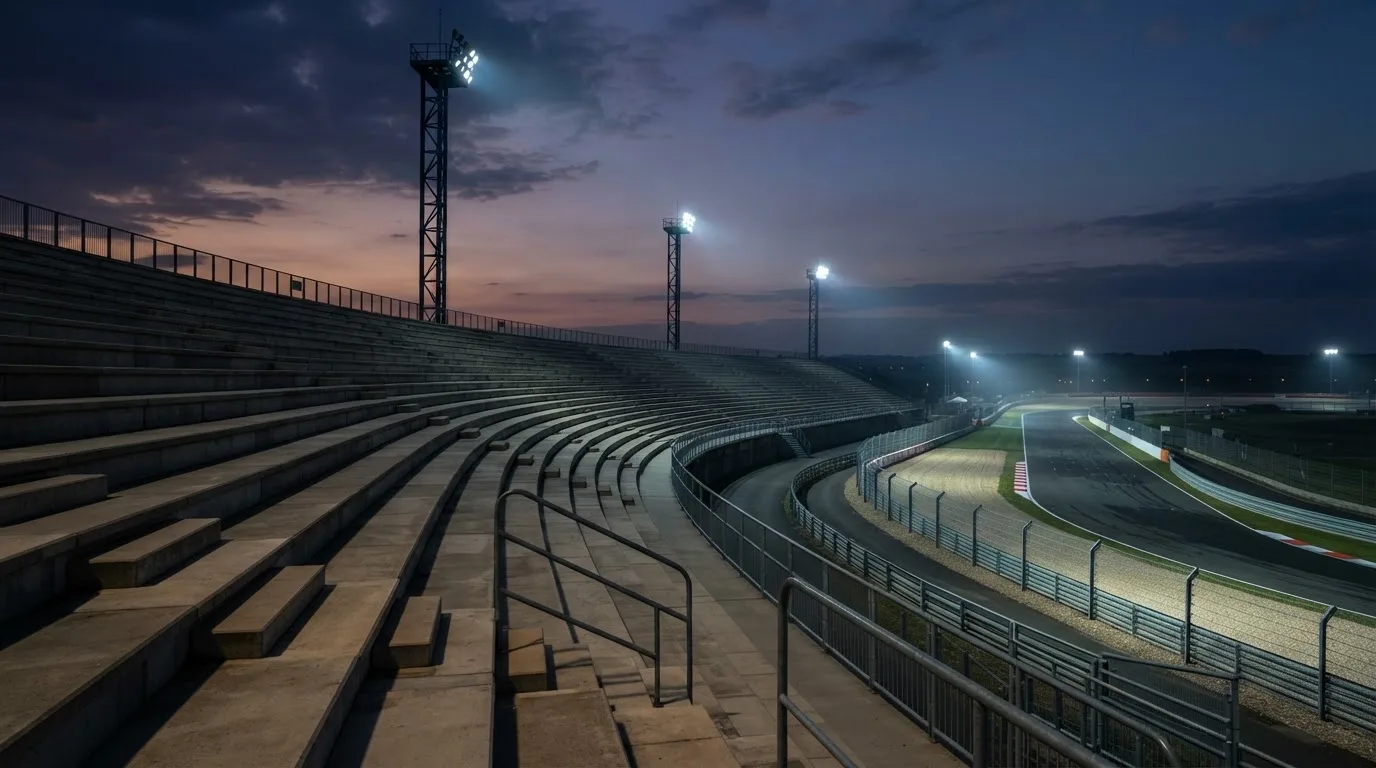 An empty football stadium with floodlight masts at dusk