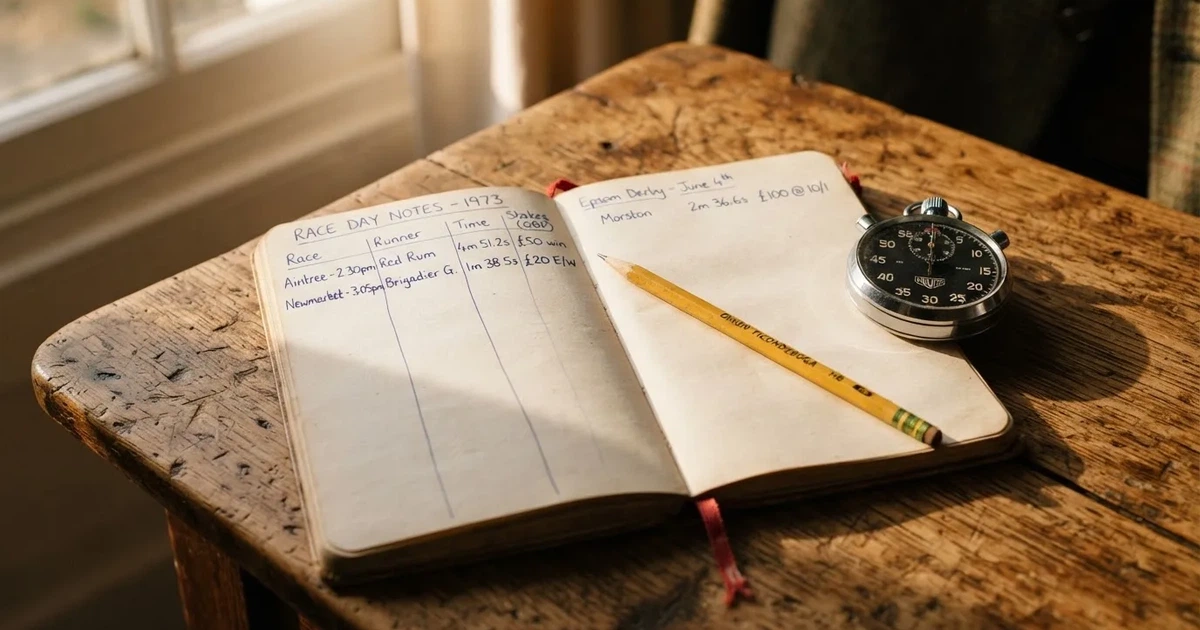 An open notebook with a pencil and a stopwatch on a wooden table