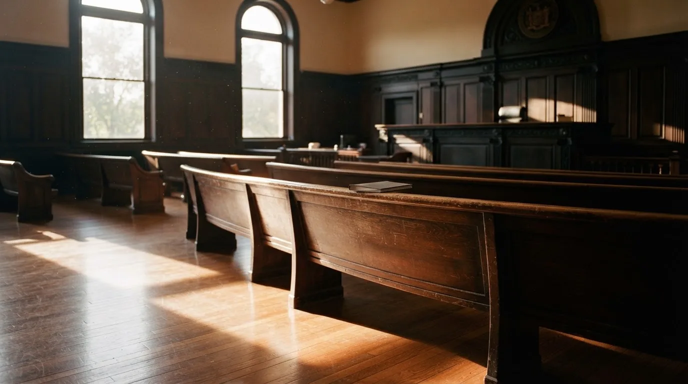 An empty courtroom with wooden benches in morning light