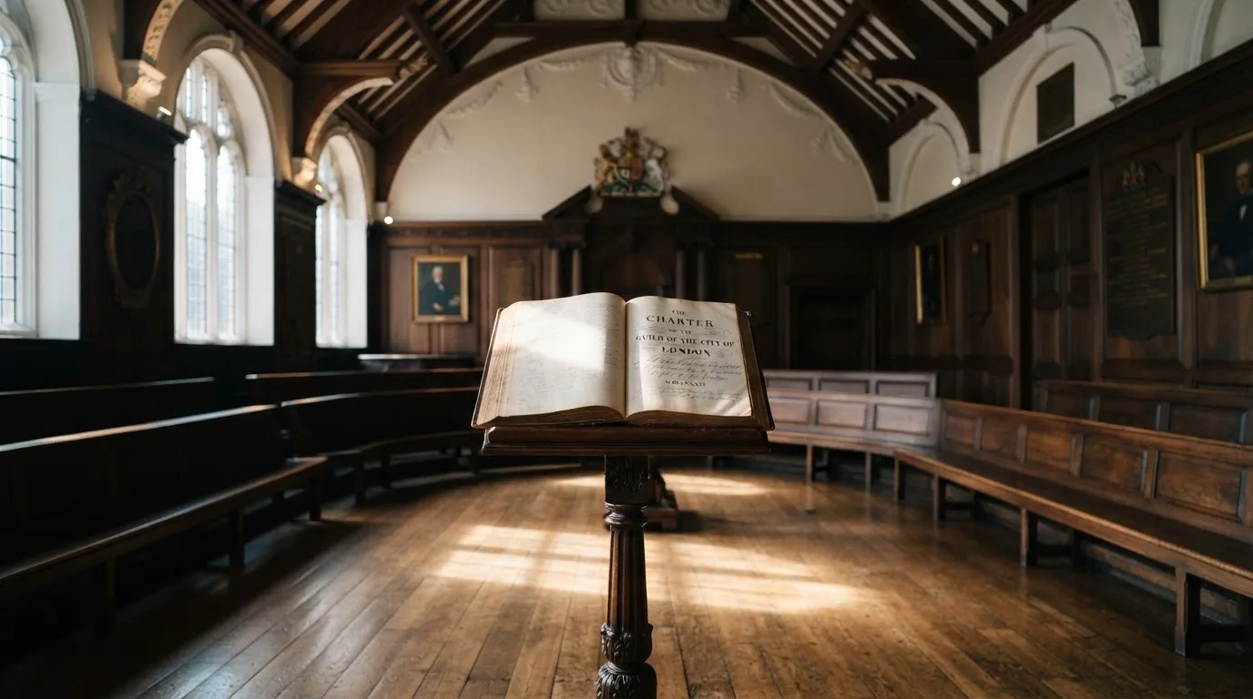 An empty courtroom with wooden benches in morning light