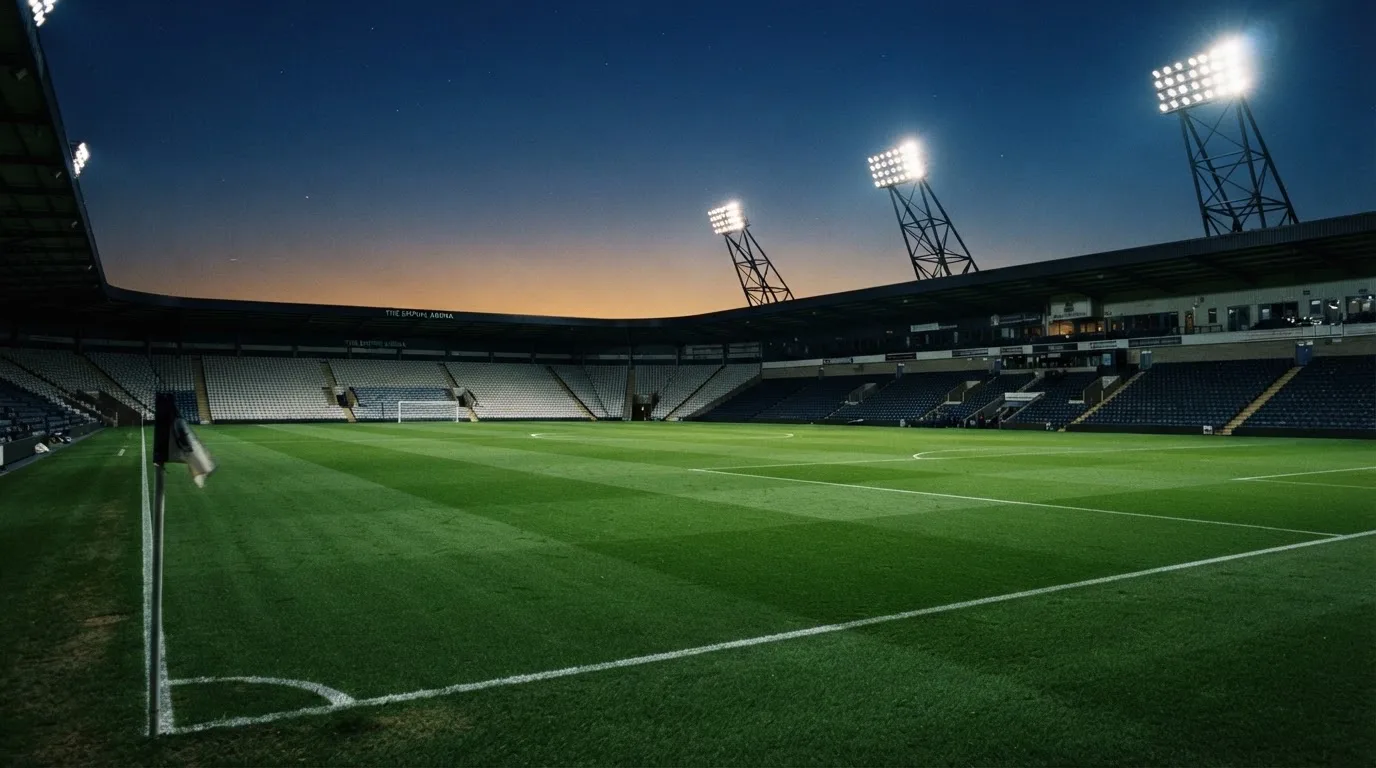 An empty football stadium with floodlight masts at dusk
