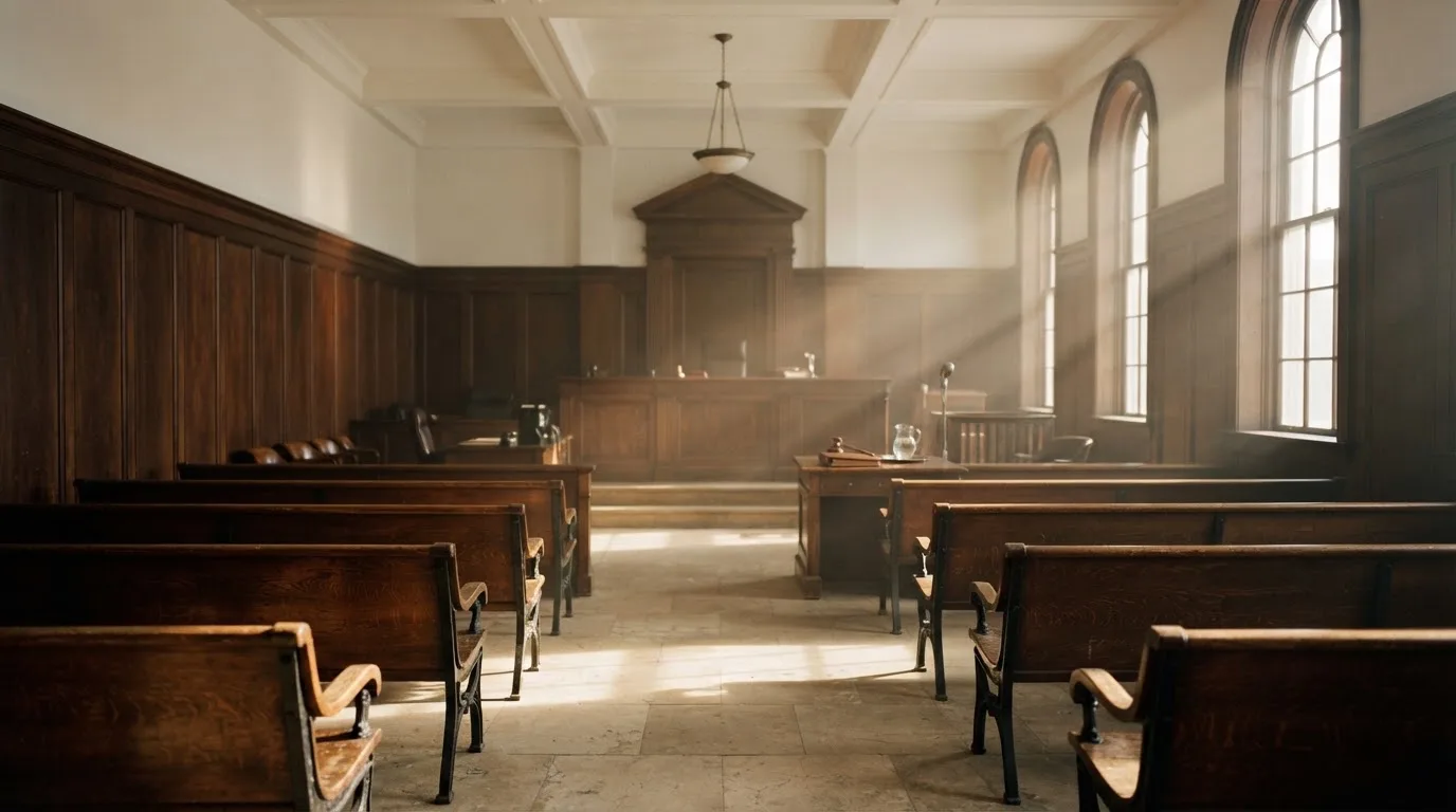An empty courtroom with wooden benches in morning light
