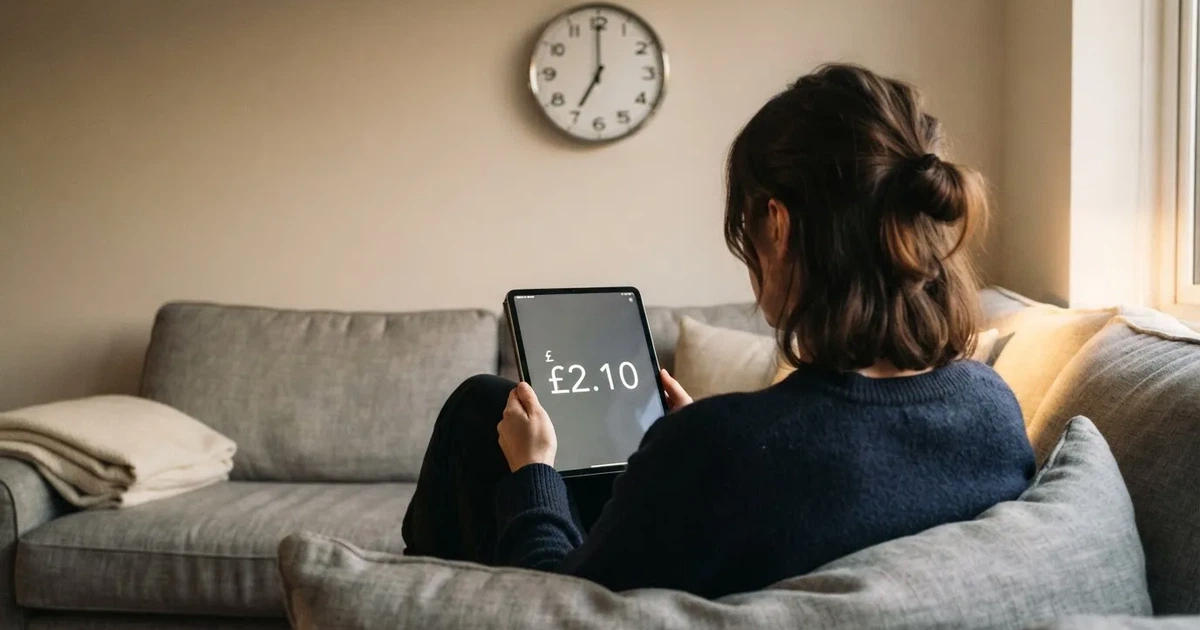 A person on a sofa looking thoughtfully at a tablet, a wall clock in the background