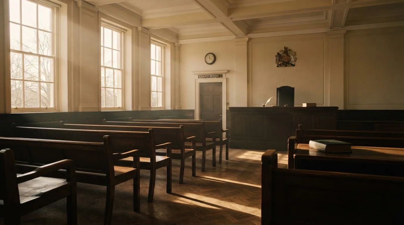 An empty courtroom with wooden benches in morning light