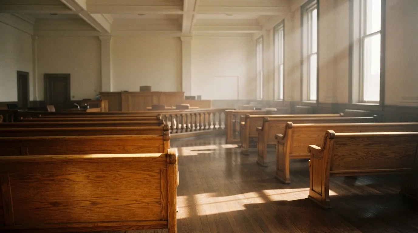An empty courtroom with wooden benches in morning light