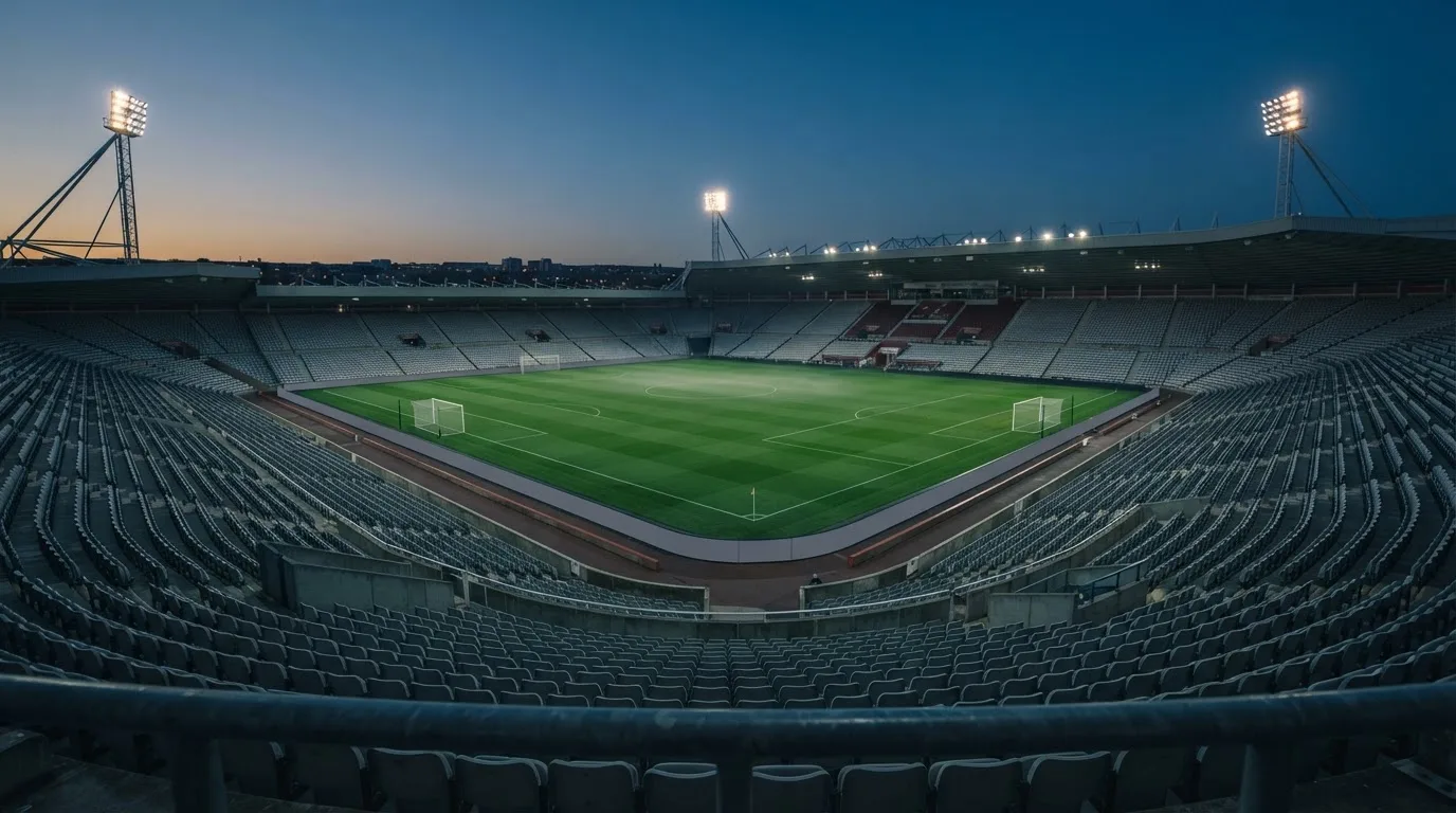 An empty football stadium with floodlight masts at dusk