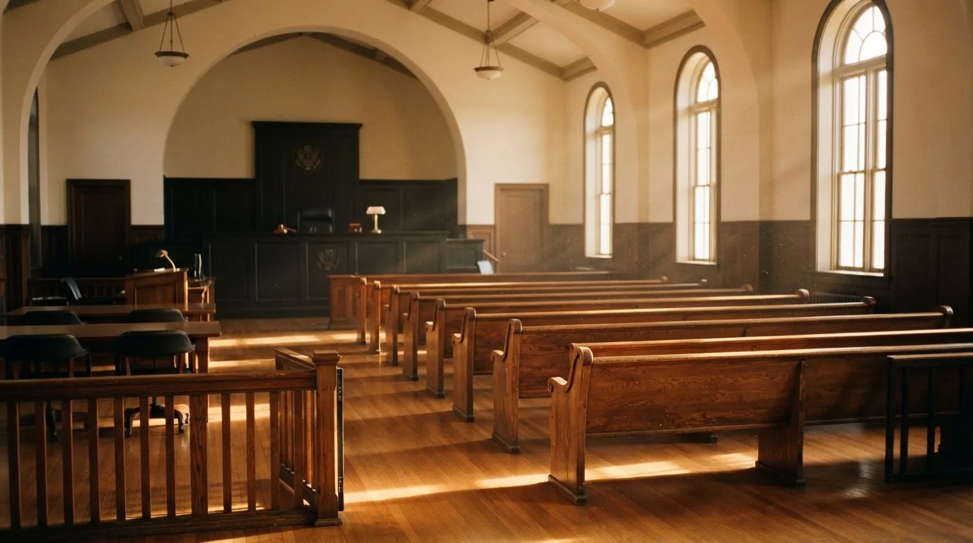 An empty courtroom with wooden benches in morning light