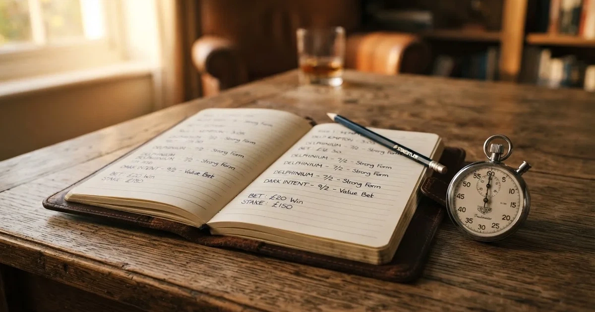 An open notebook with a pencil and a stopwatch on a wooden table