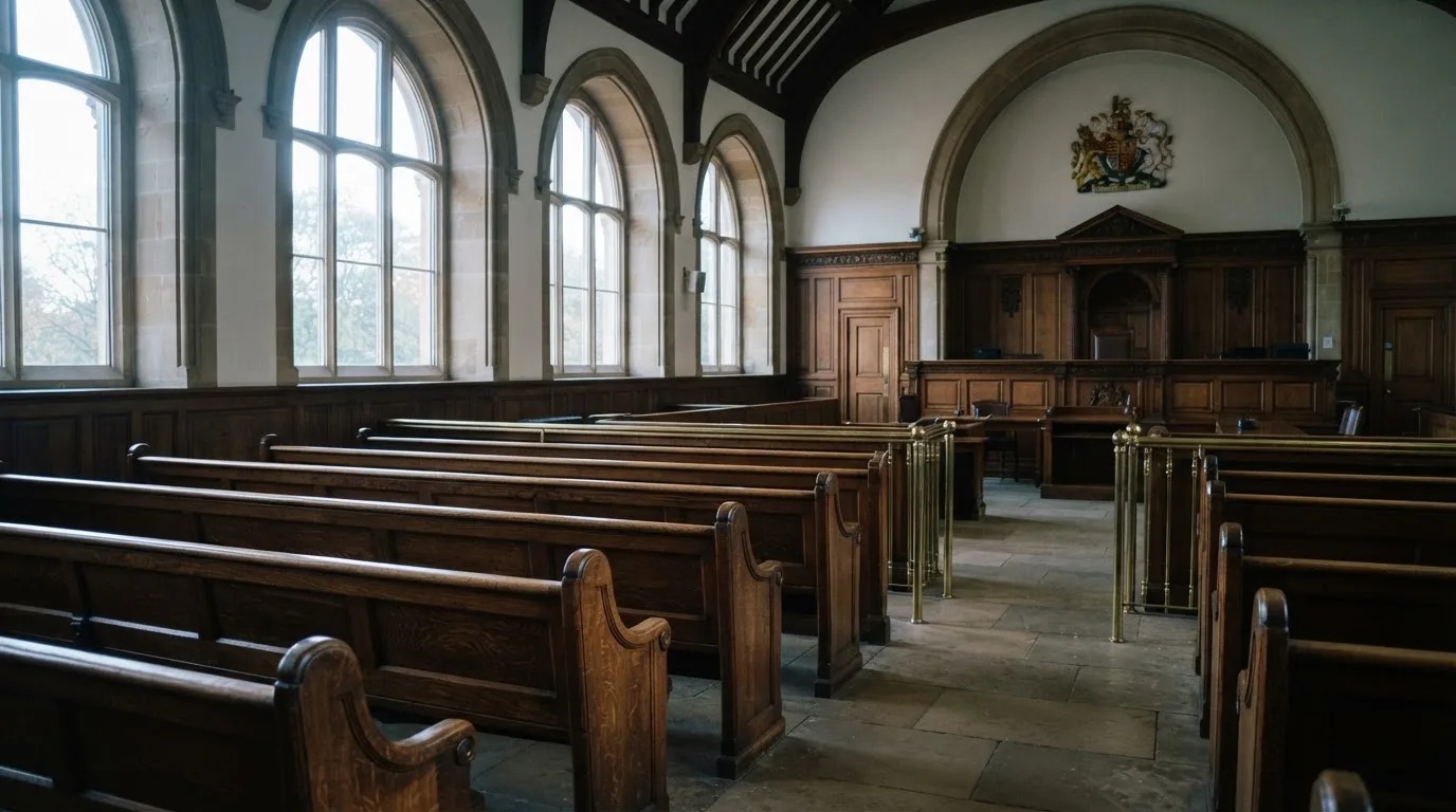 An empty courtroom with wooden benches in morning light