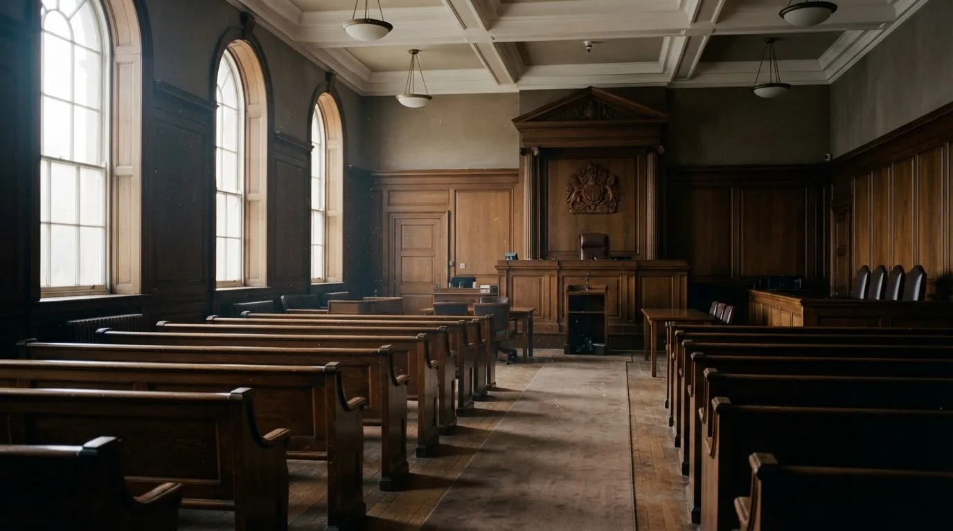 An empty courtroom with wooden benches in morning light